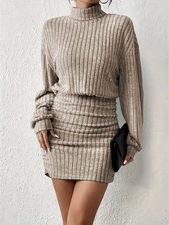 Women's Ribbed Long-Sleeve Dress, Fitted Skirt – detail