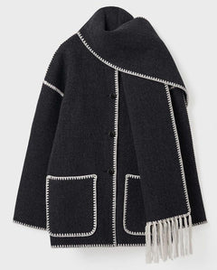 Women's Oversized Fringed Cape with Contrast Trim