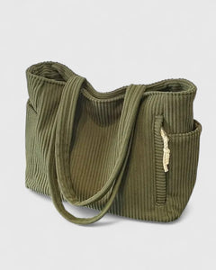 Women's Structured Corded Tote Bag with Dual Outer Pockets