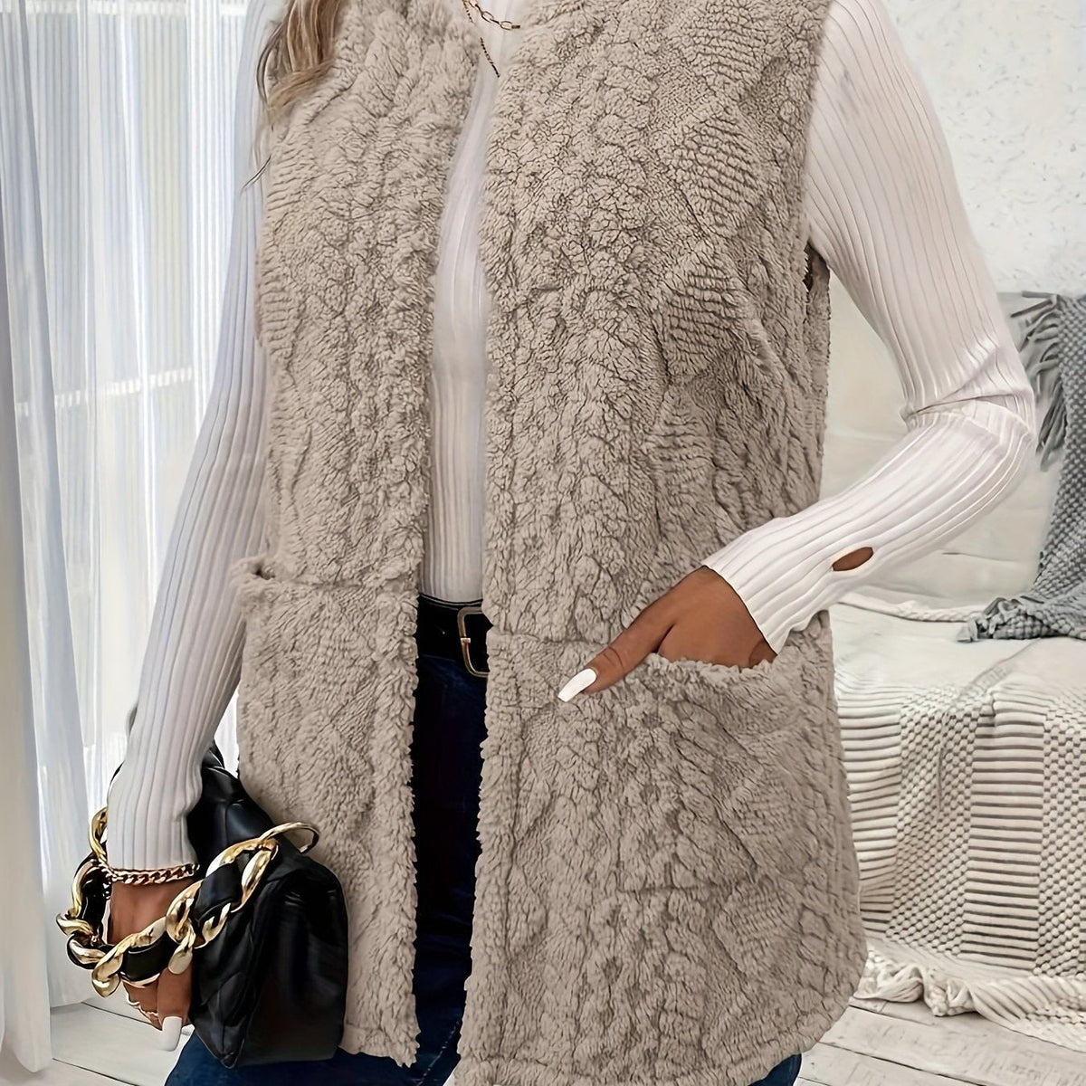 Women's Longline Sherpa-Effect Gilet, Open Front