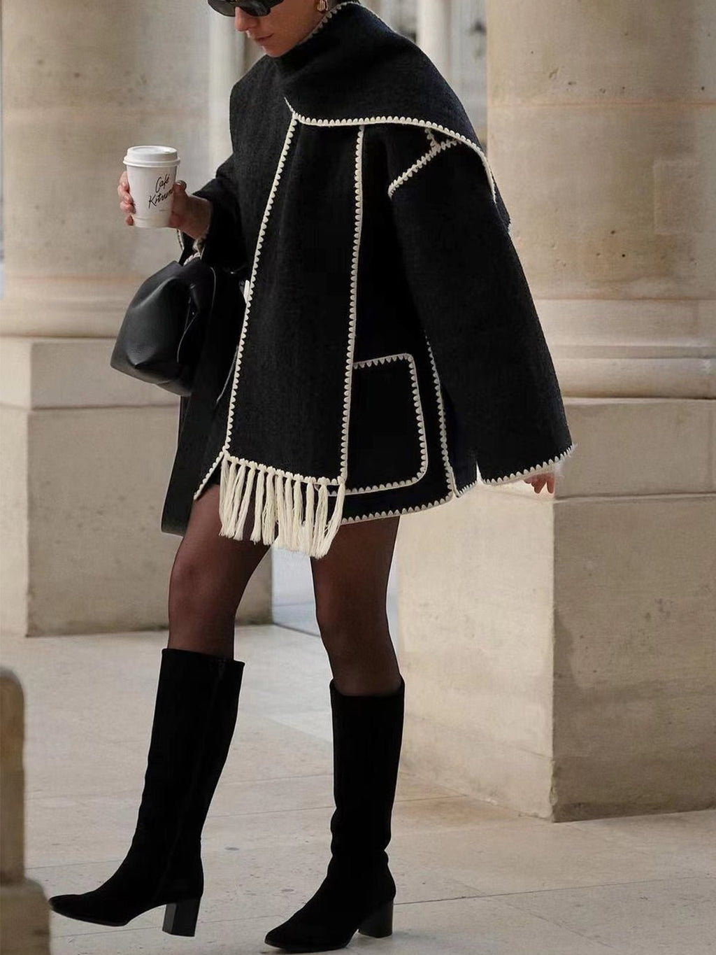 Women's Oversized Fringed Cape with Contrast Trim – view 8