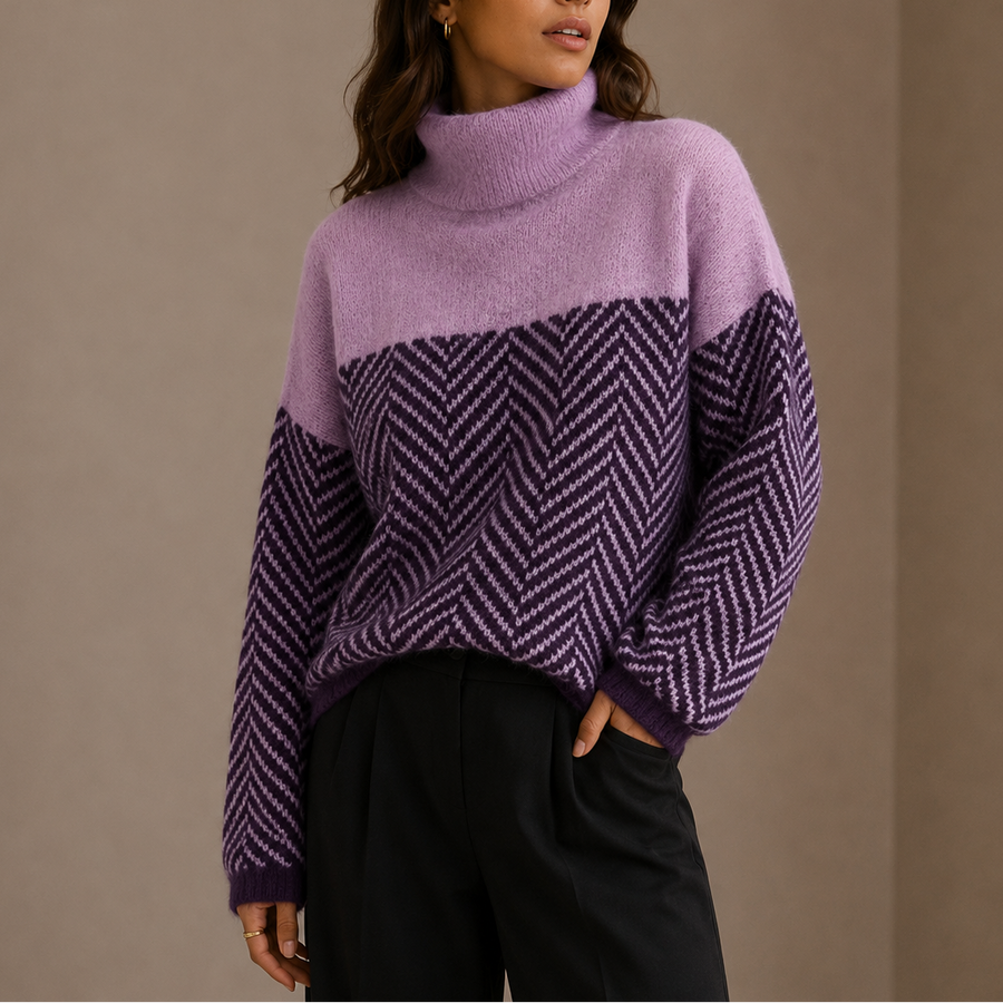 Women's Herringbone Turtleneck Sweater, Oversized Knit