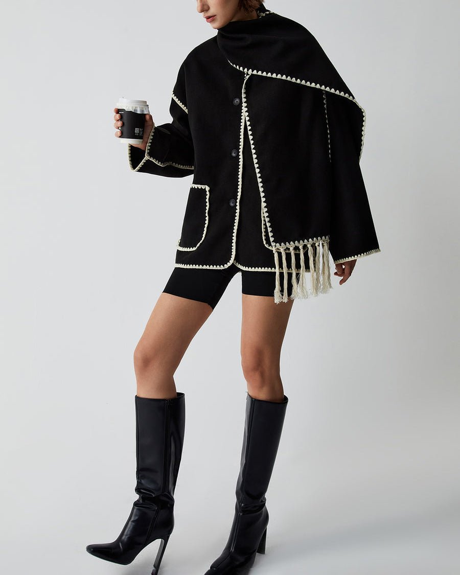 Women's Oversized Fringed Cape with Contrast Trim – view 5