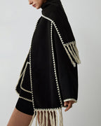 Women's Oversized Fringed Cape with Contrast Trim – view 4