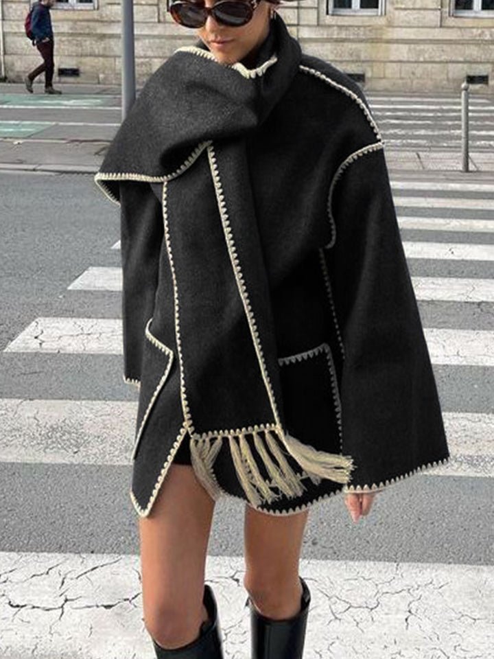 Women's Oversized Fringed Cape with Contrast Trim – view 7