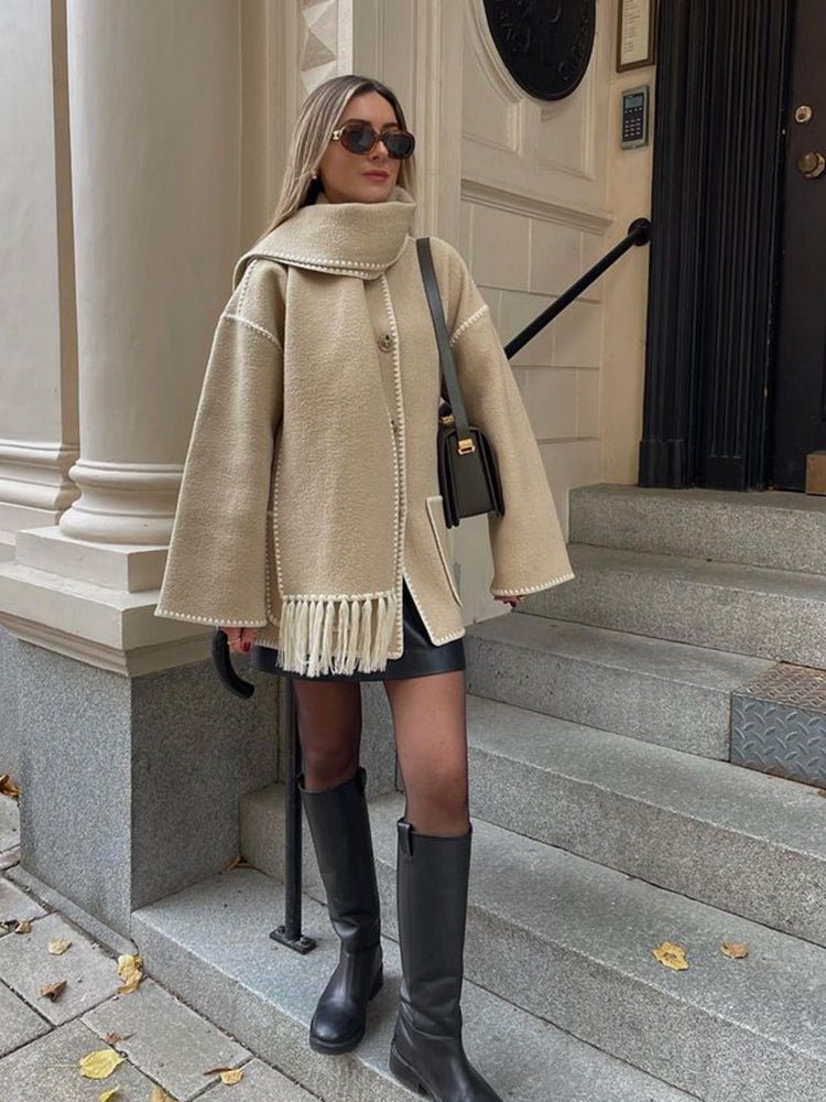 Women's Oversized Fringed Cape with Contrast Trim – view 11