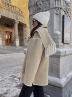 Women's Oversized Fringed Cape with Contrast Trim – detail