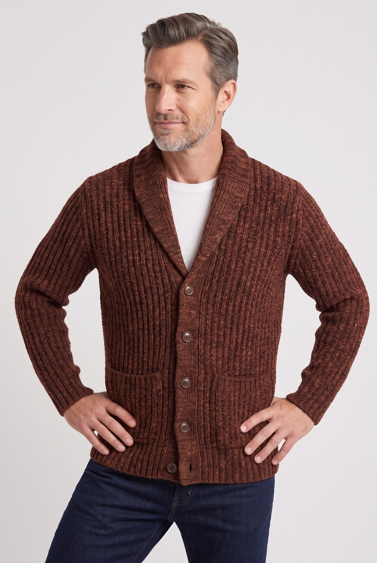 Men's Chunky Knit Cardigan, Shawl Collar - Brown