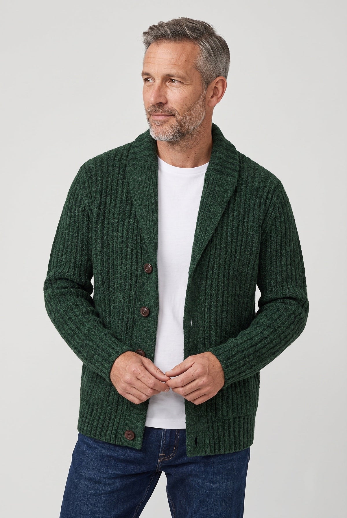 Men's Chunky Knit Cardigan, Shawl Collar - Green