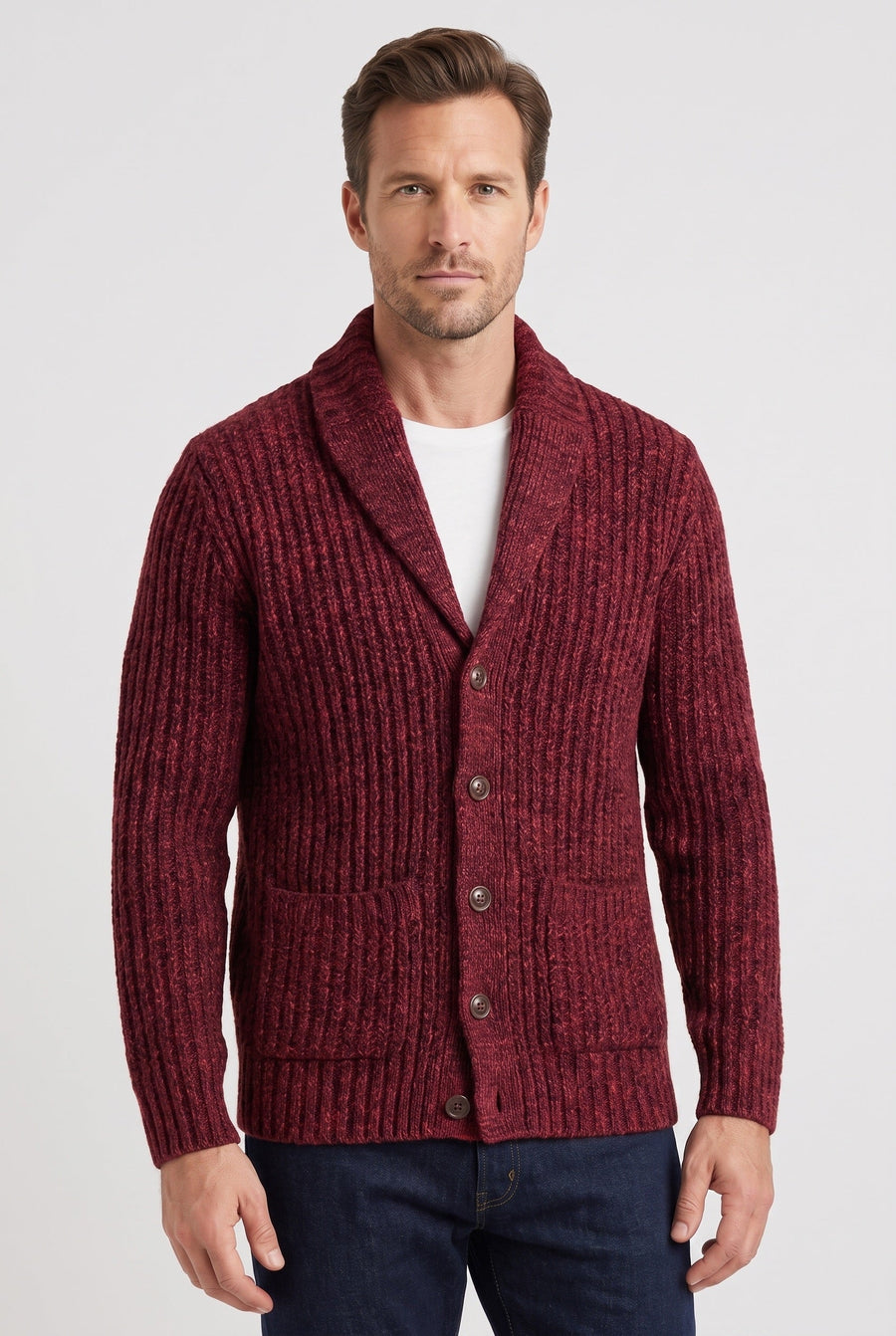 Men's Chunky Knit Cardigan, Shawl Collar - Red