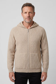 Men's Zip-Up Ribbed Knit Hoodie - Sand