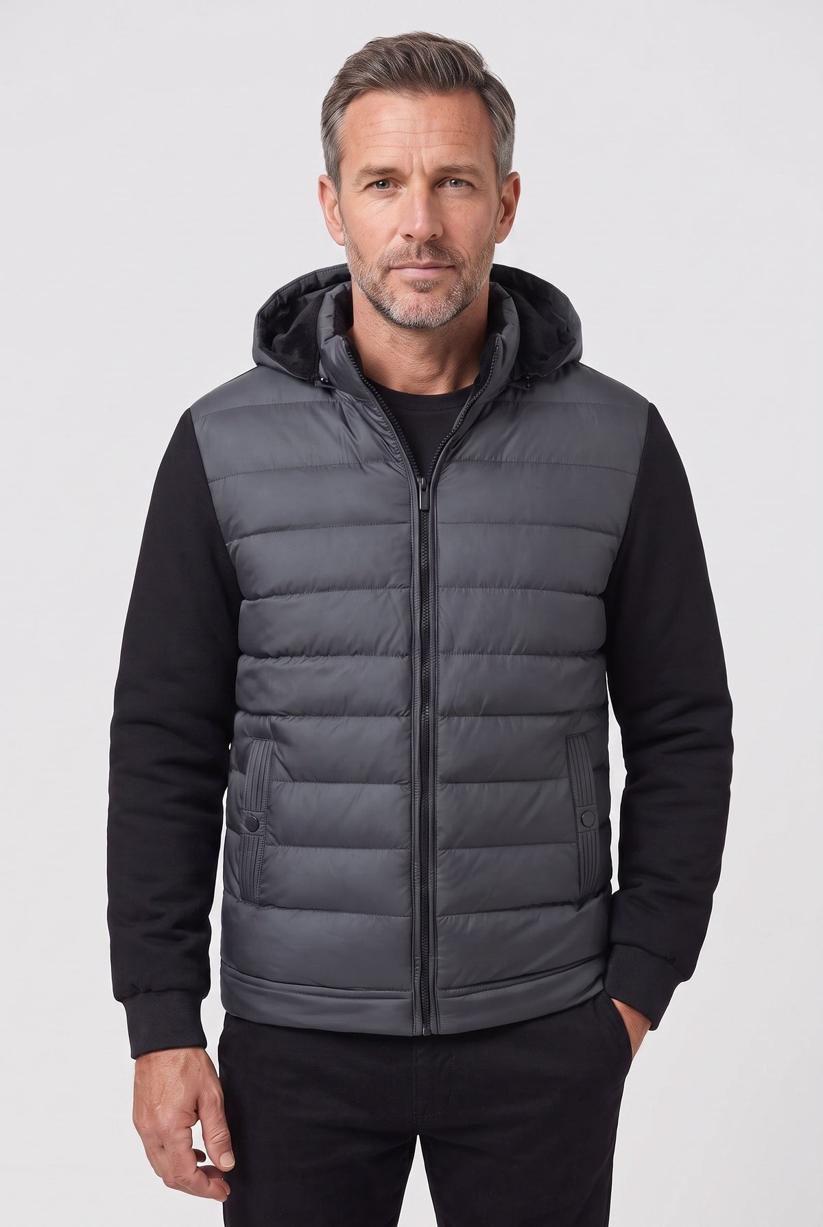 Men's Hooded Quilted Hybrid Jacket, Detachable Hood - Grey