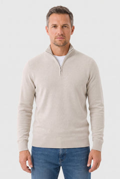 Men's Knitted Sweater, Zip Funnel Neck - Beige