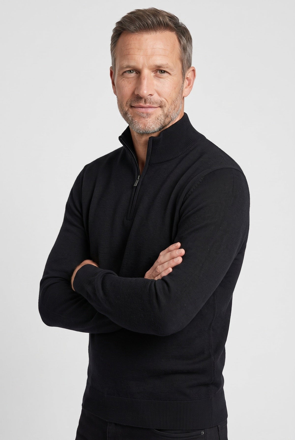 Men's Knitted Sweater, Zip Funnel Neck - Black