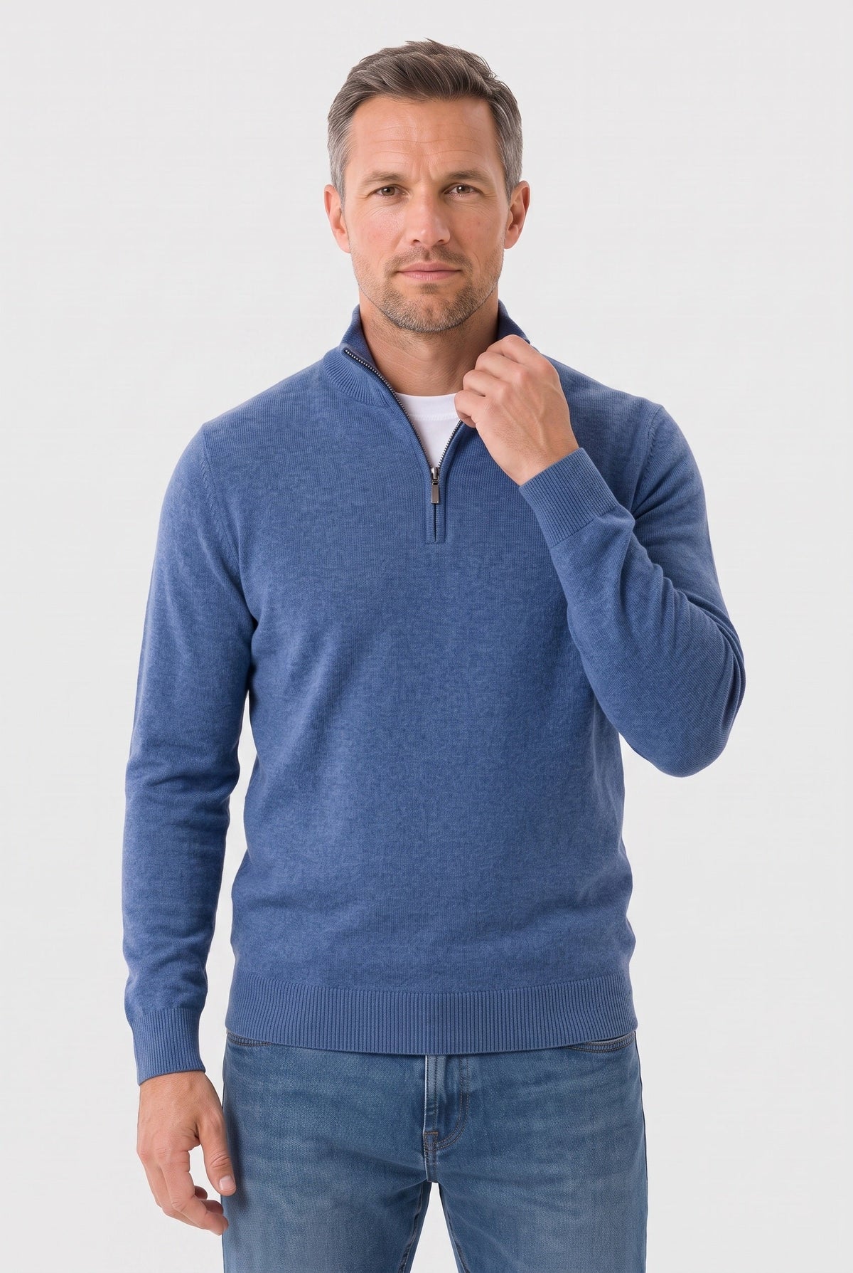 Men's Knitted Sweater, Zip Funnel Neck - Blue