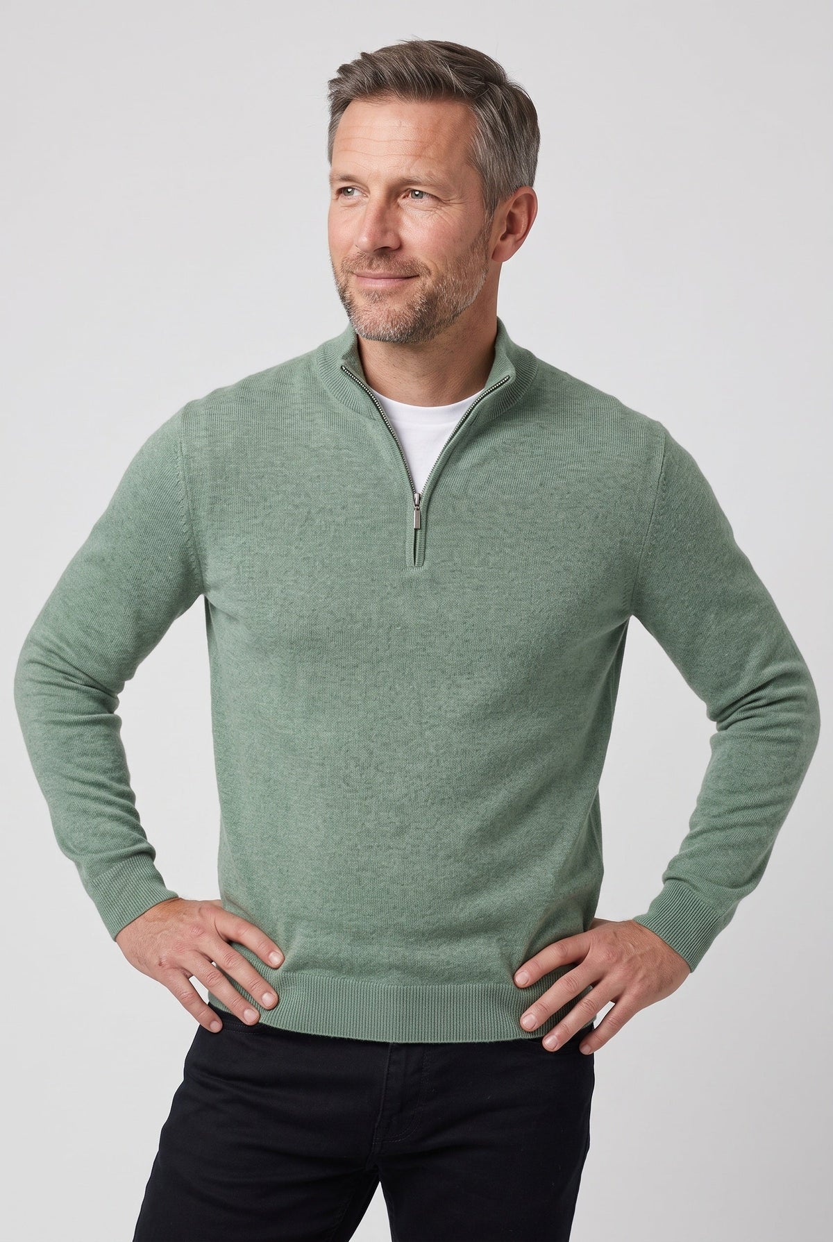 Men's Knitted Sweater, Zip Funnel Neck - Green