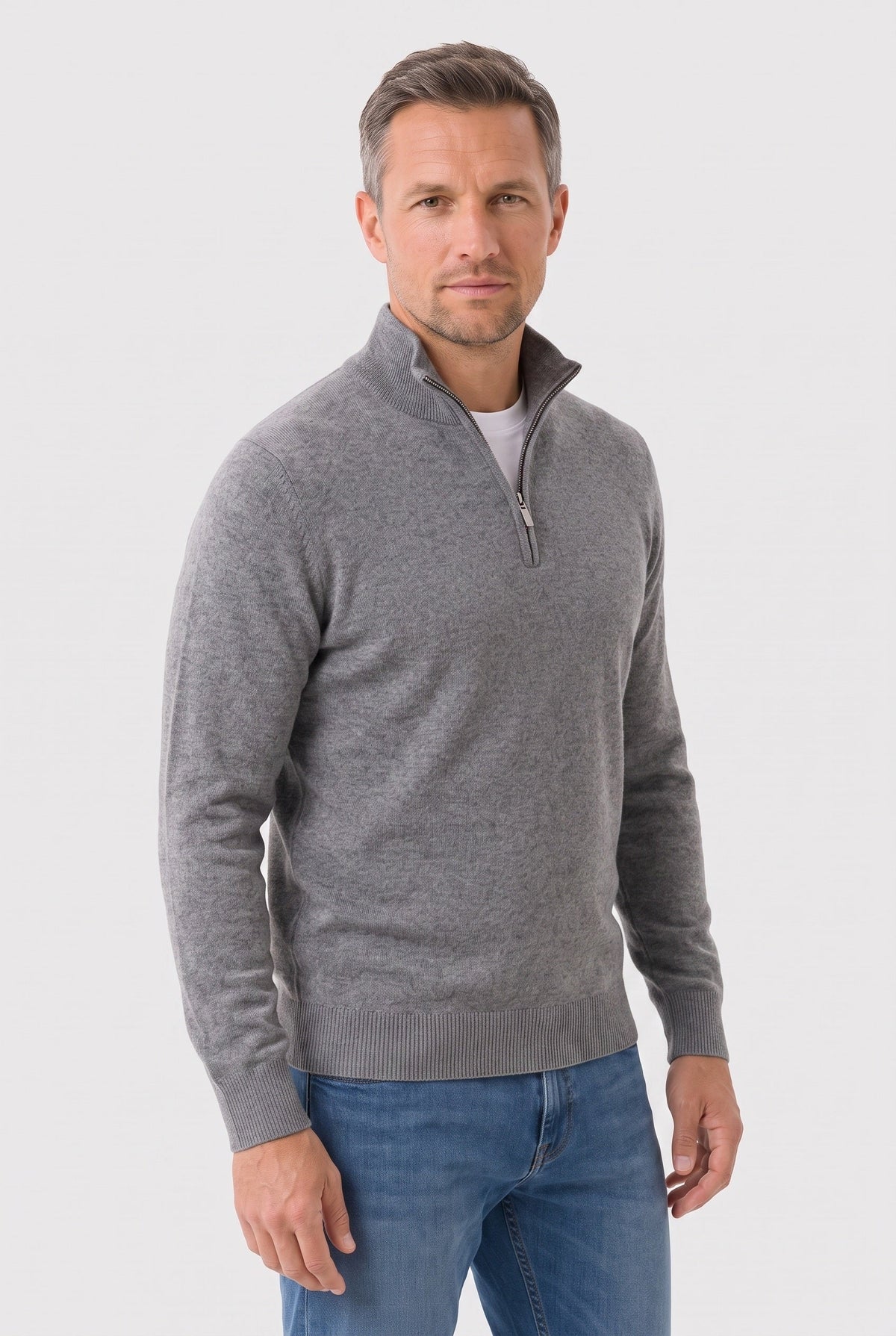 Men's Knitted Sweater, Zip Funnel Neck - Grey