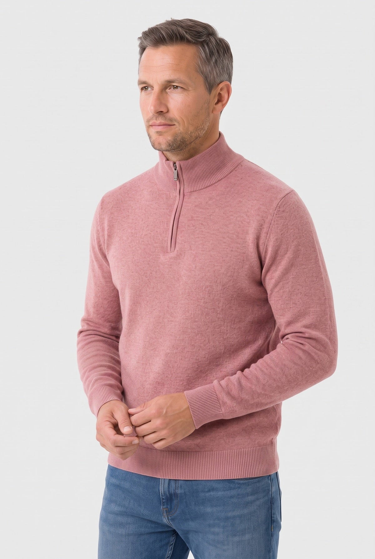 Men's Knitted Sweater, Zip Funnel Neck - Pink