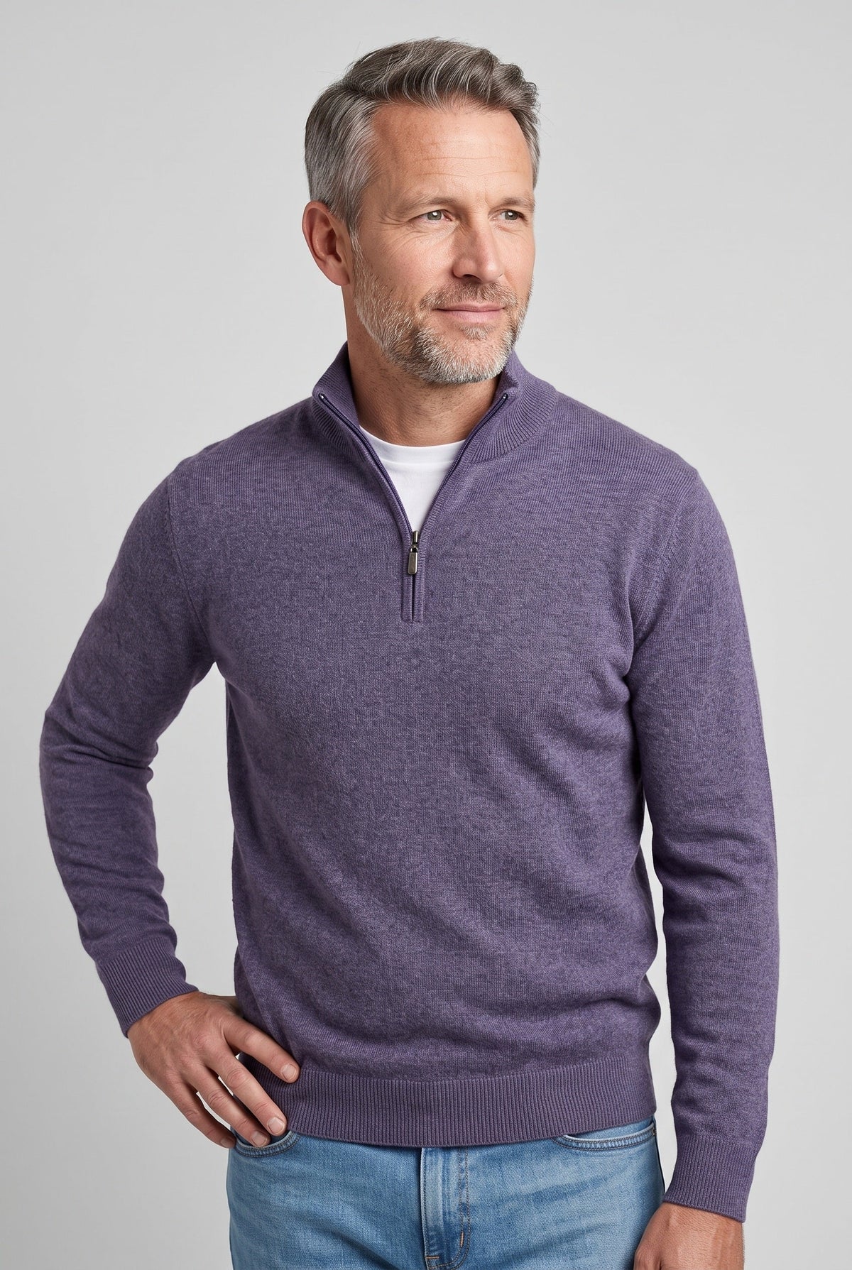 Men's Knitted Sweater, Zip Funnel Neck - Purple