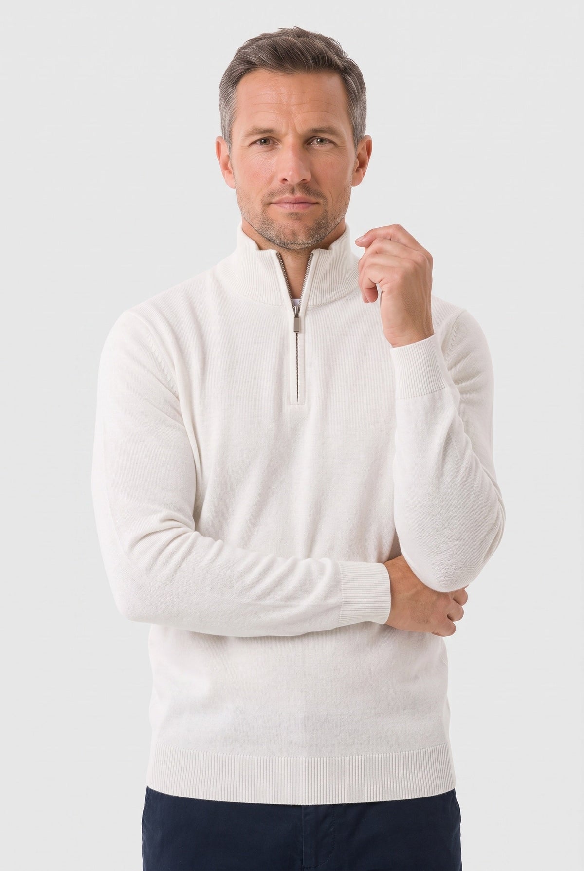 Men's Knitted Sweater, Zip Funnel Neck - White