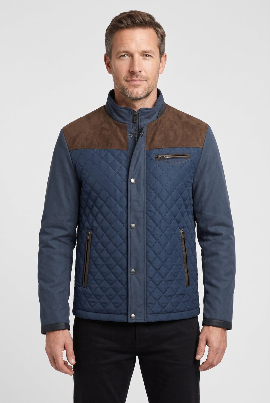Men's Quilted Jacket, Stand Collar with Contrast Shoulder Patches