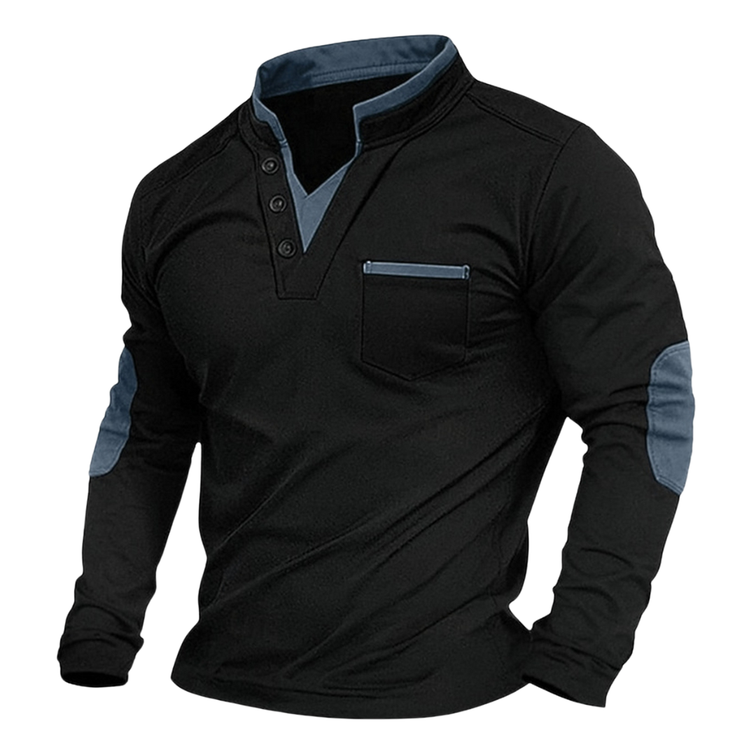 Men's Long-Sleeve Henley Top, Mandarin Collar – detail