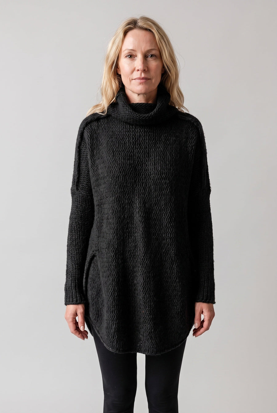 Women's Chunky Knit Sweater Dress, Funnel Neck - Black