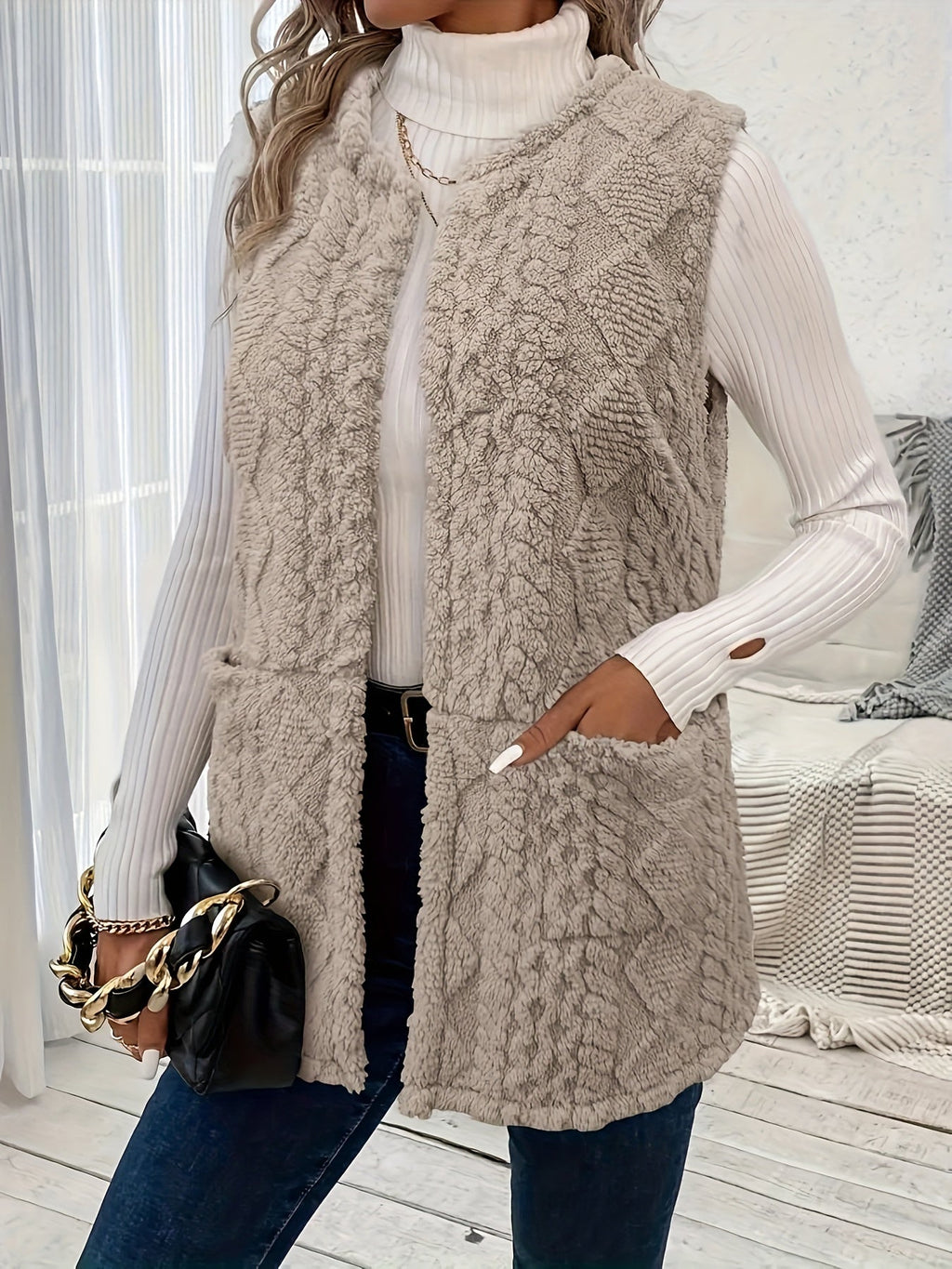Women's Longline Sherpa-Effect Gilet, Open Front – view 2