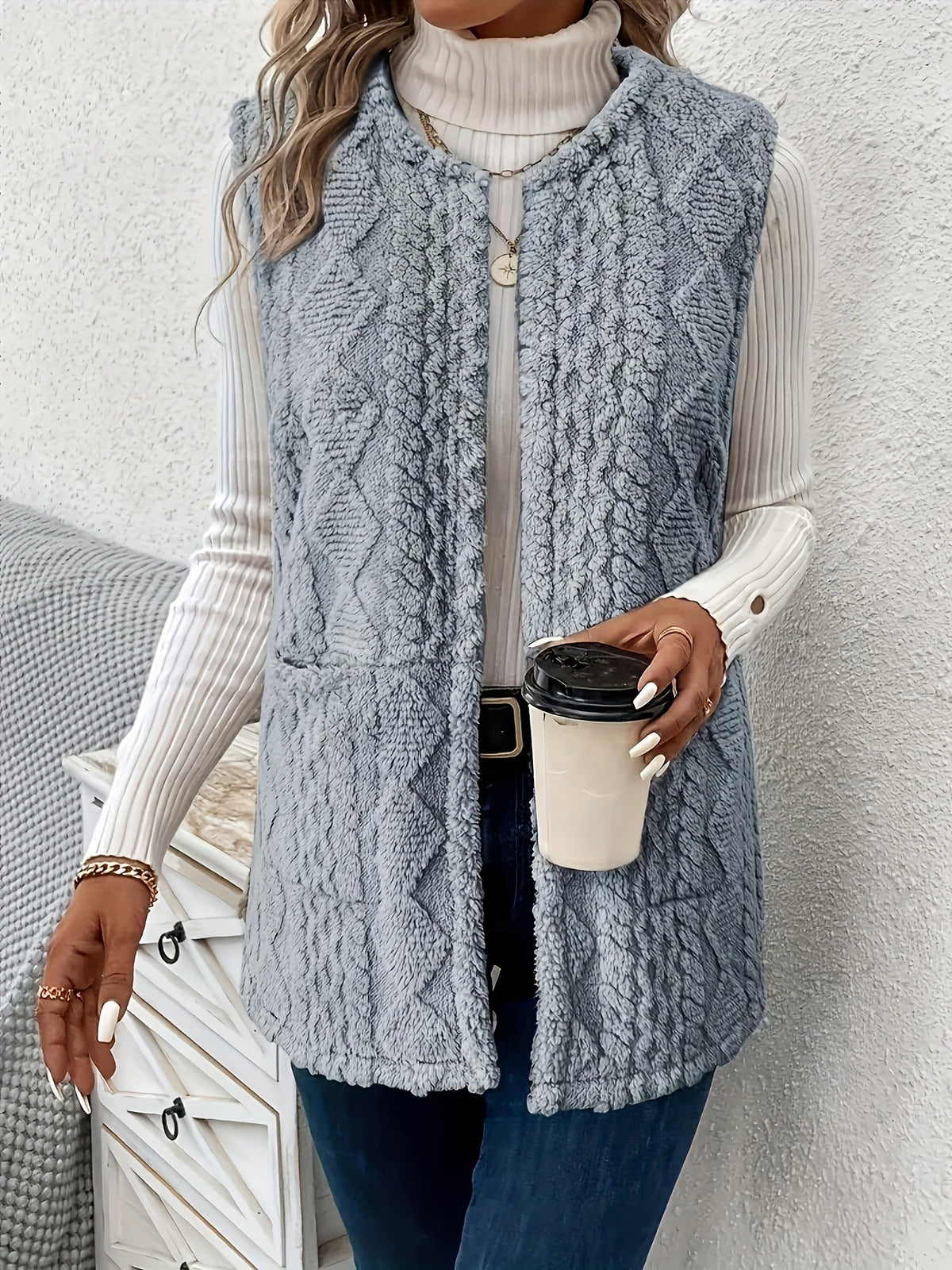 Women's Longline Sherpa-Effect Gilet, Open Front – view 7