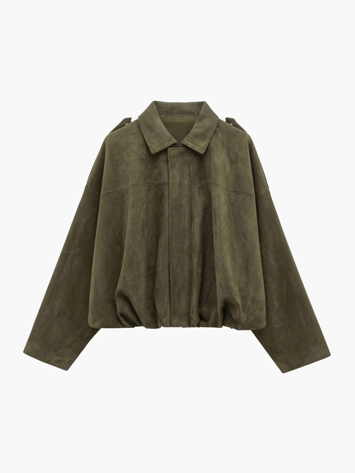 Woman wearing a faux suede collared bomber jacket, front view