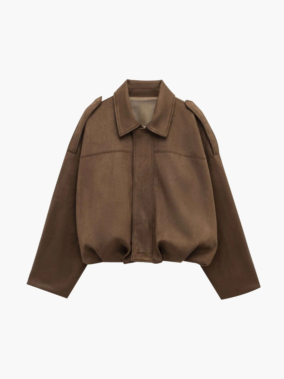 Woman wearing a faux suede collared bomber jacket