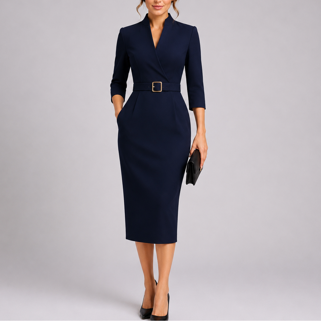 Woman wearing a fitted midi dress with a matching waist belt, V-neckline and long sleeves