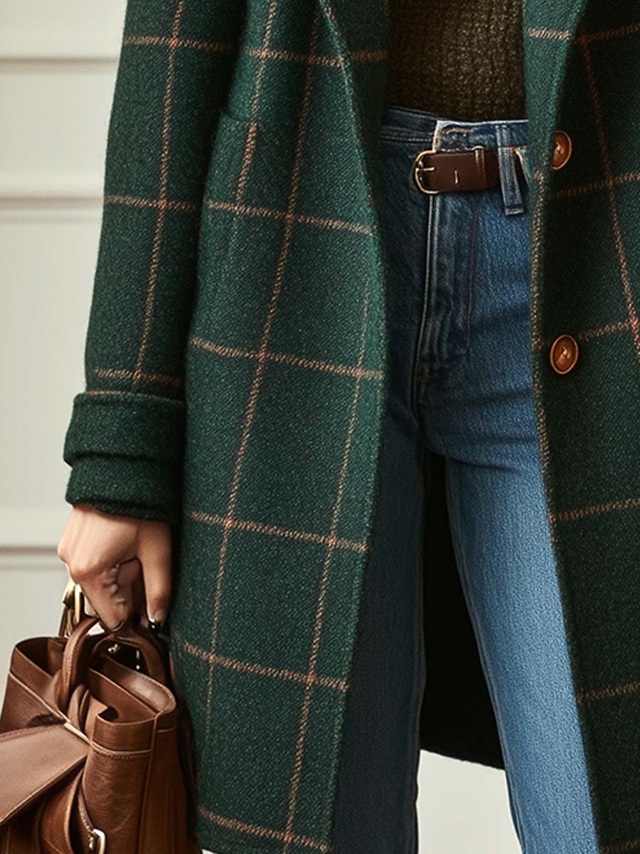 Women's Retro Lapel Check Tweed Coat
