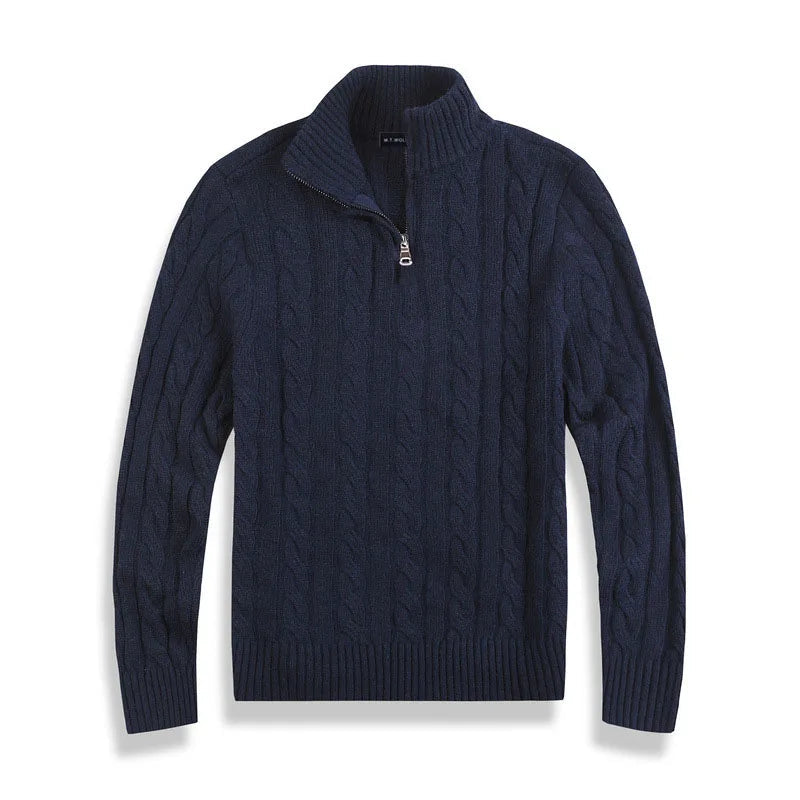 Men's cotton cable-knit half-zip sweater detail of the ribbed cuff