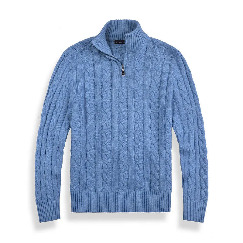 Men's cotton cable-knit half-zip sweater knit detail