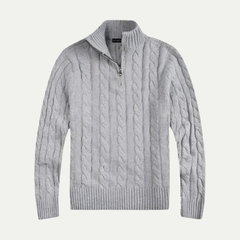 Men's cotton cable-knit half-zip sweater, side view