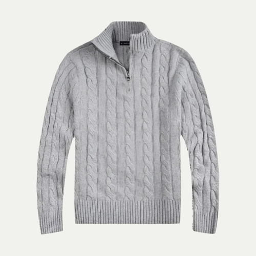 Men's cotton cable-knit half-zip sweater, side view