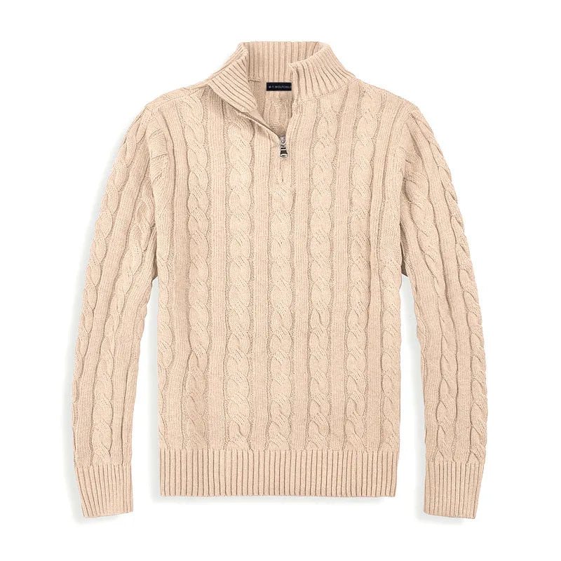 Men's cotton cable-knit half-zip sweater worn styled