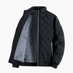 Men's fleece-lined quilted jacket with diamond quilting and stand collar, front view