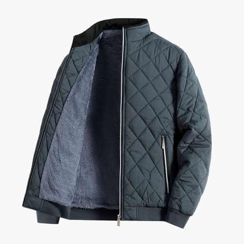 Men's quilted jacket in grey showing full-length zip and overall silhouette