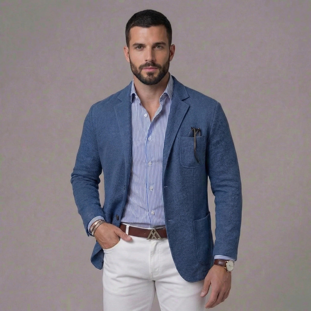 Blue men's linen blazer with relaxed unstructured fit