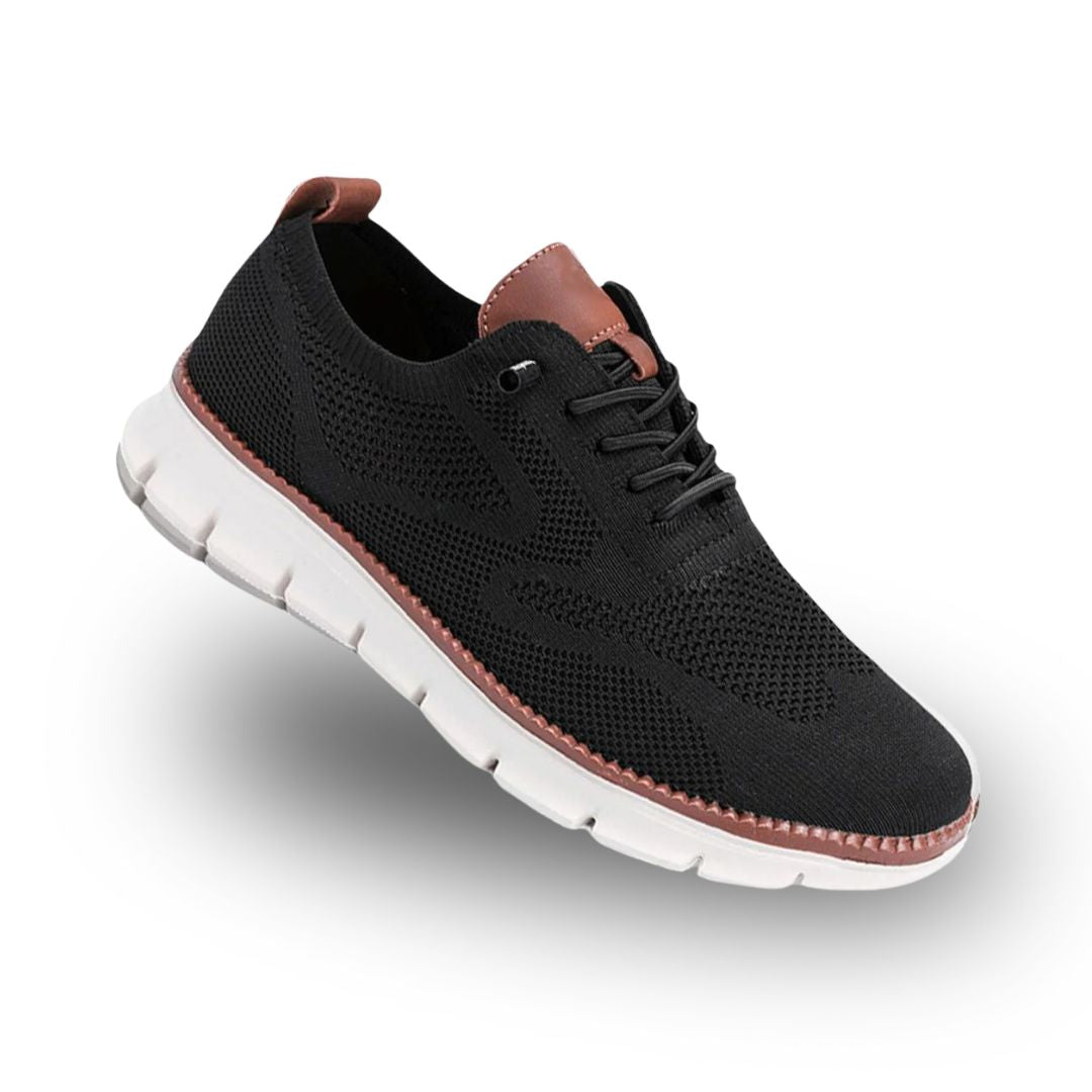 Black men's arch-support walking sneakers with mesh upper