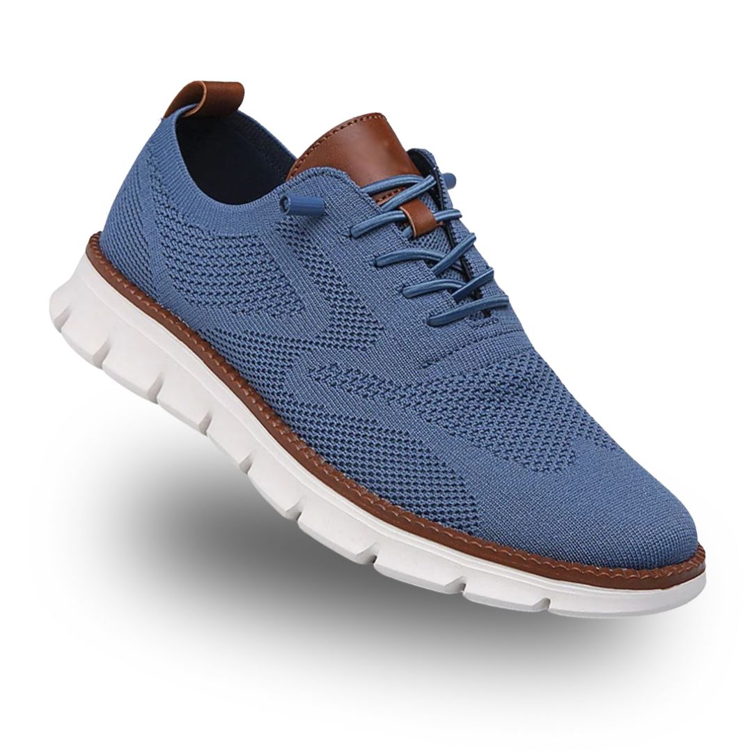 Blue men's arch-support walking sneakers with mesh upper