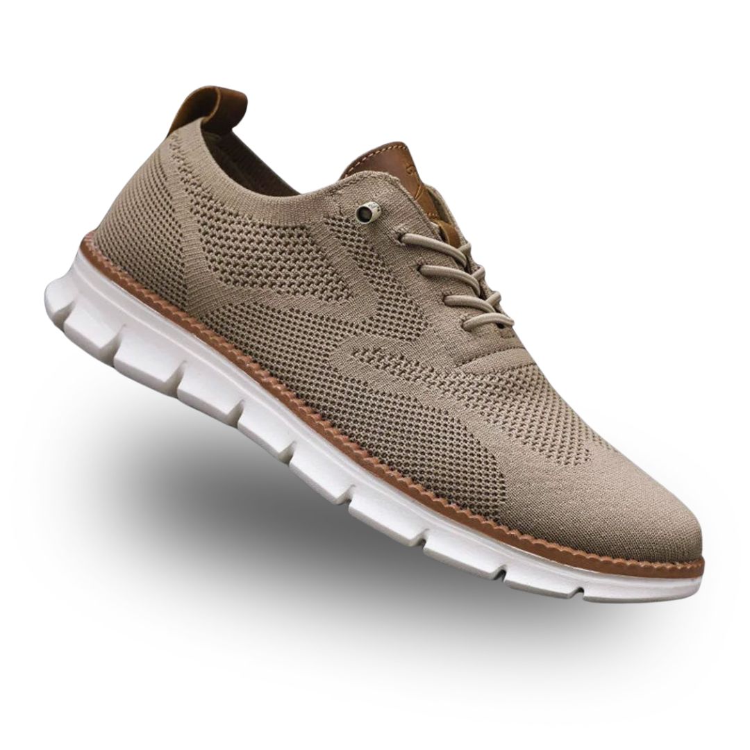 Brown men's arch-support walking sneakers with mesh upper