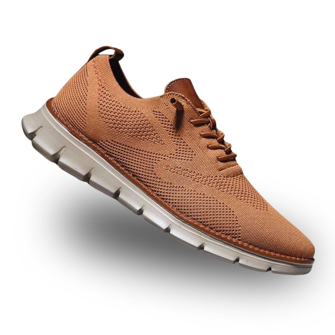 Caramel men's arch-support walking sneakers with mesh upper
