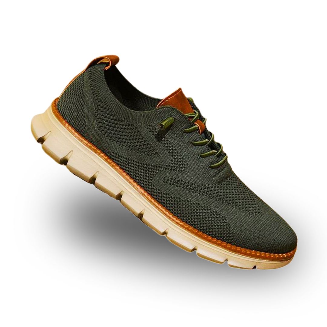 Olive men's arch-support walking sneakers with mesh upper