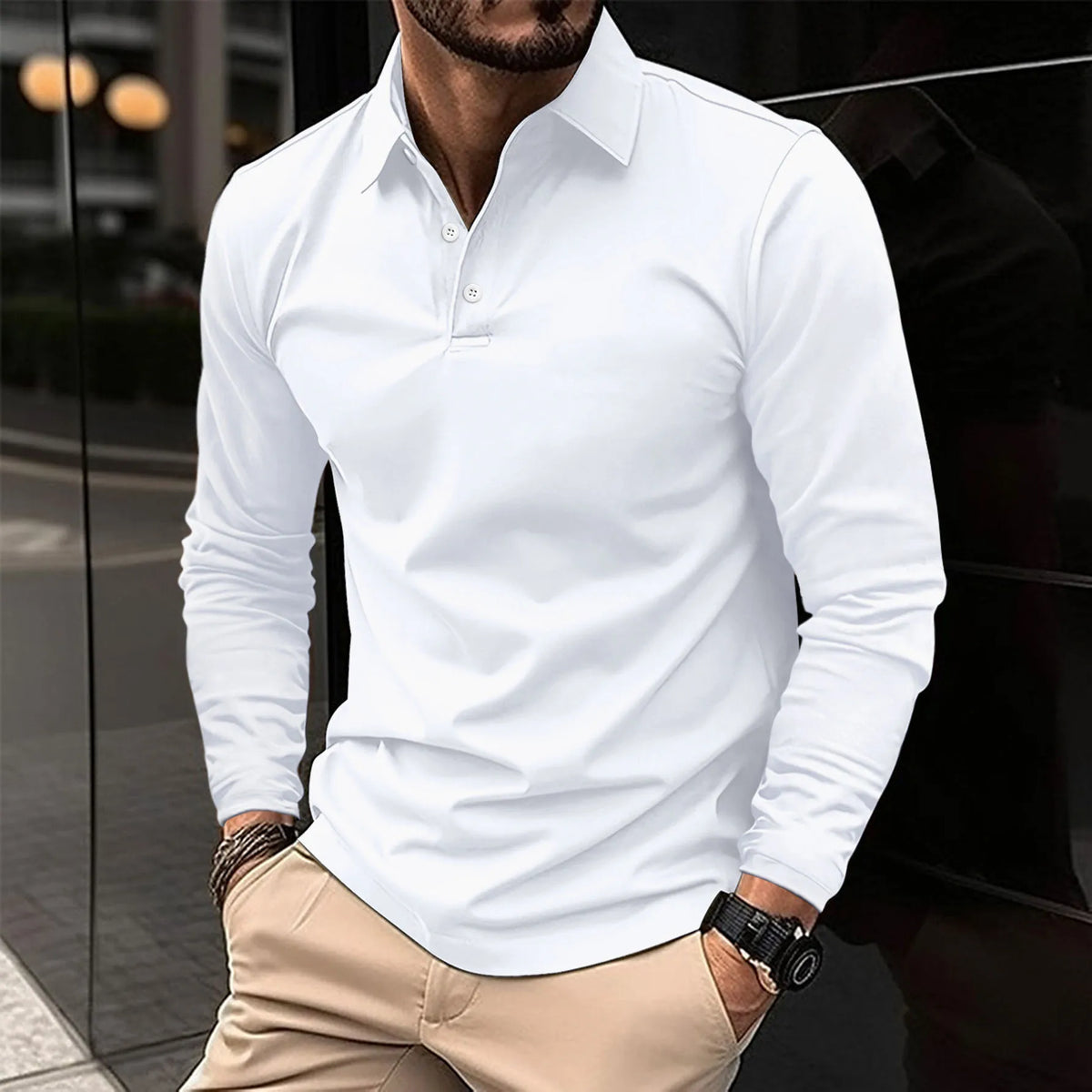 Man wearing a slim-fit long sleeve polo shirt