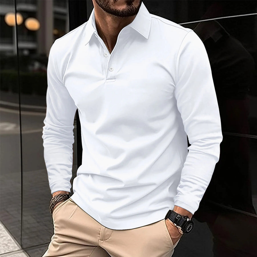 Man wearing a slim-fit long sleeve polo shirt