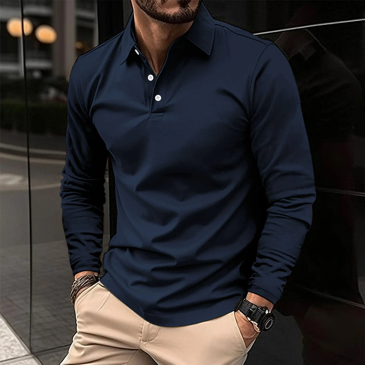 Slim-fit long sleeve polo shirt front view