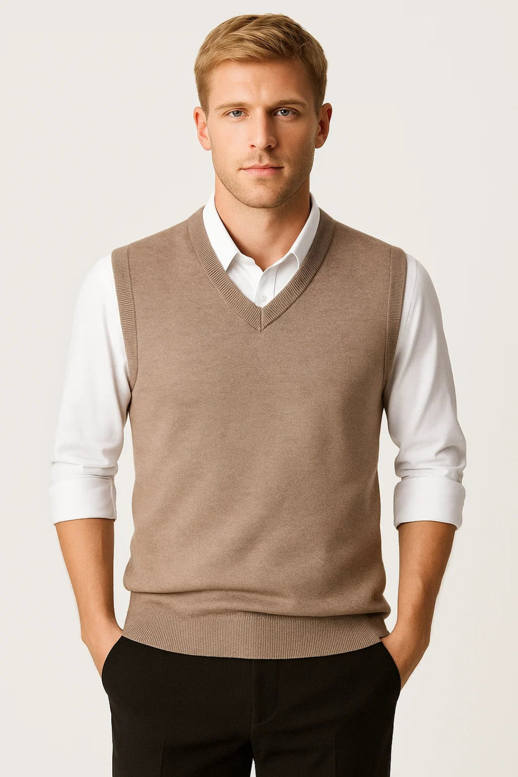 Beige men's V-neck sleeveless sweater